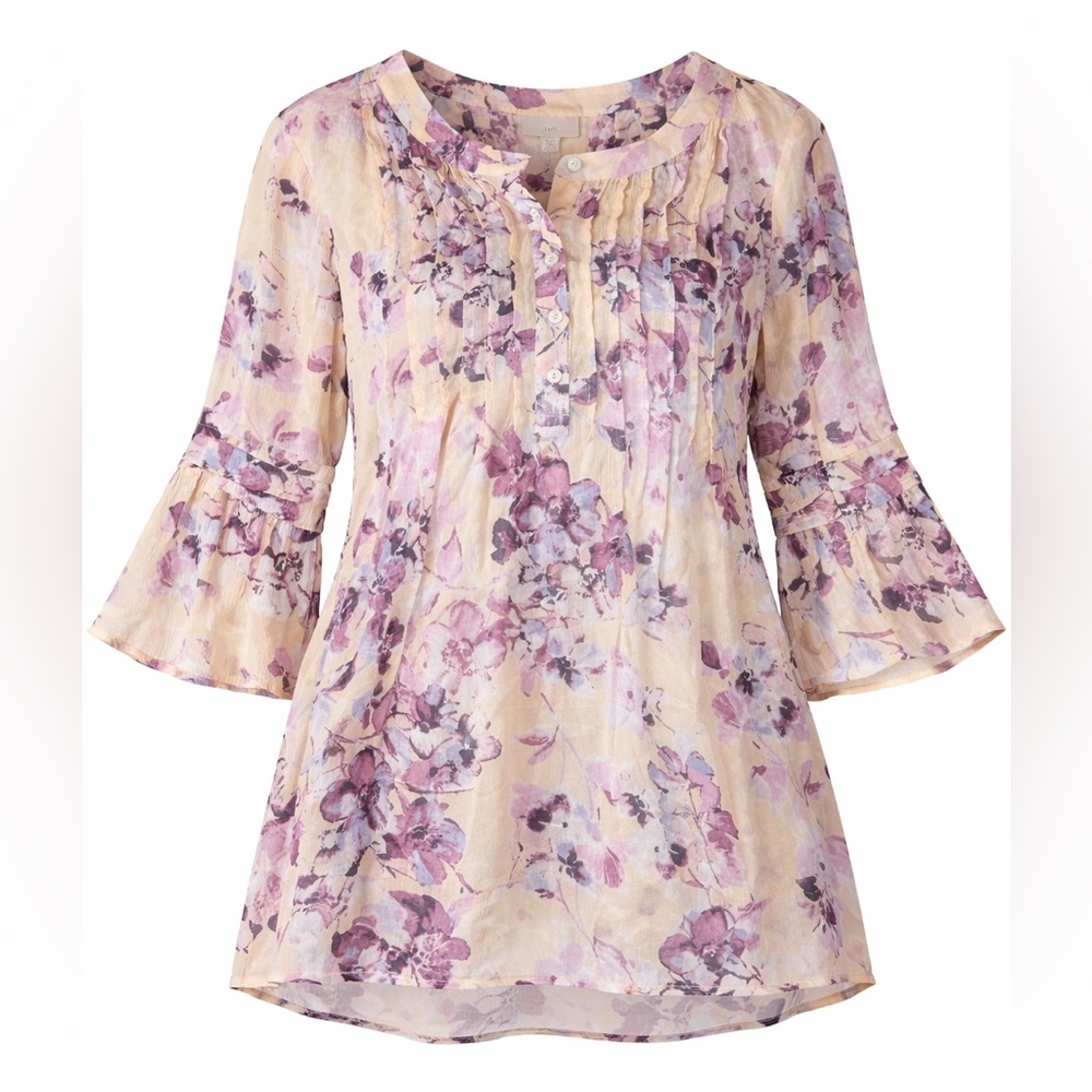 Floral Blouse Womens Size M Beige Pink Watercolor Boho Peasant Top